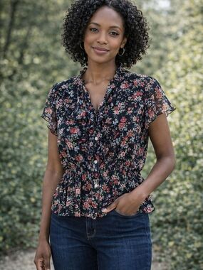 Laura Floral Chiffon Blouse Size L Black Sheer Ruffle Front Boho Romantic Top
